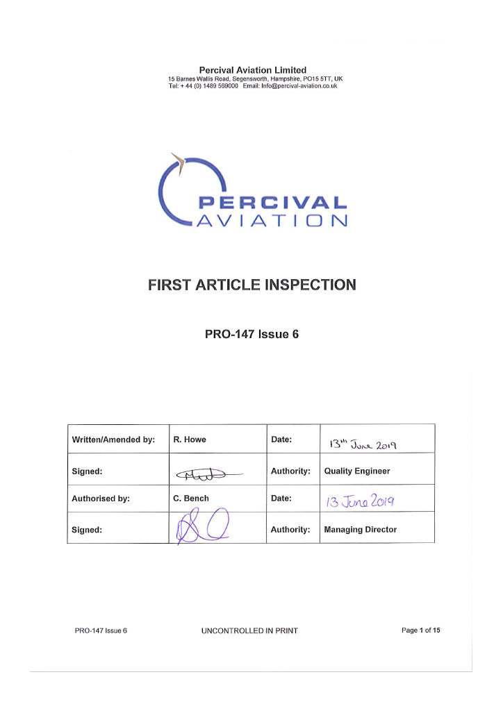 Percival Aviation - PRO-147 Issue 6 - First Article Inspection
